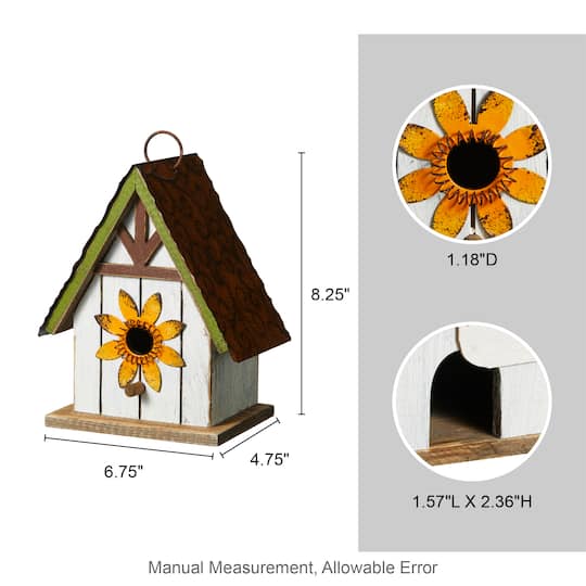 Glitzhome® 8.25" Distressed Metal Roof & Flower Wood Birdhouse